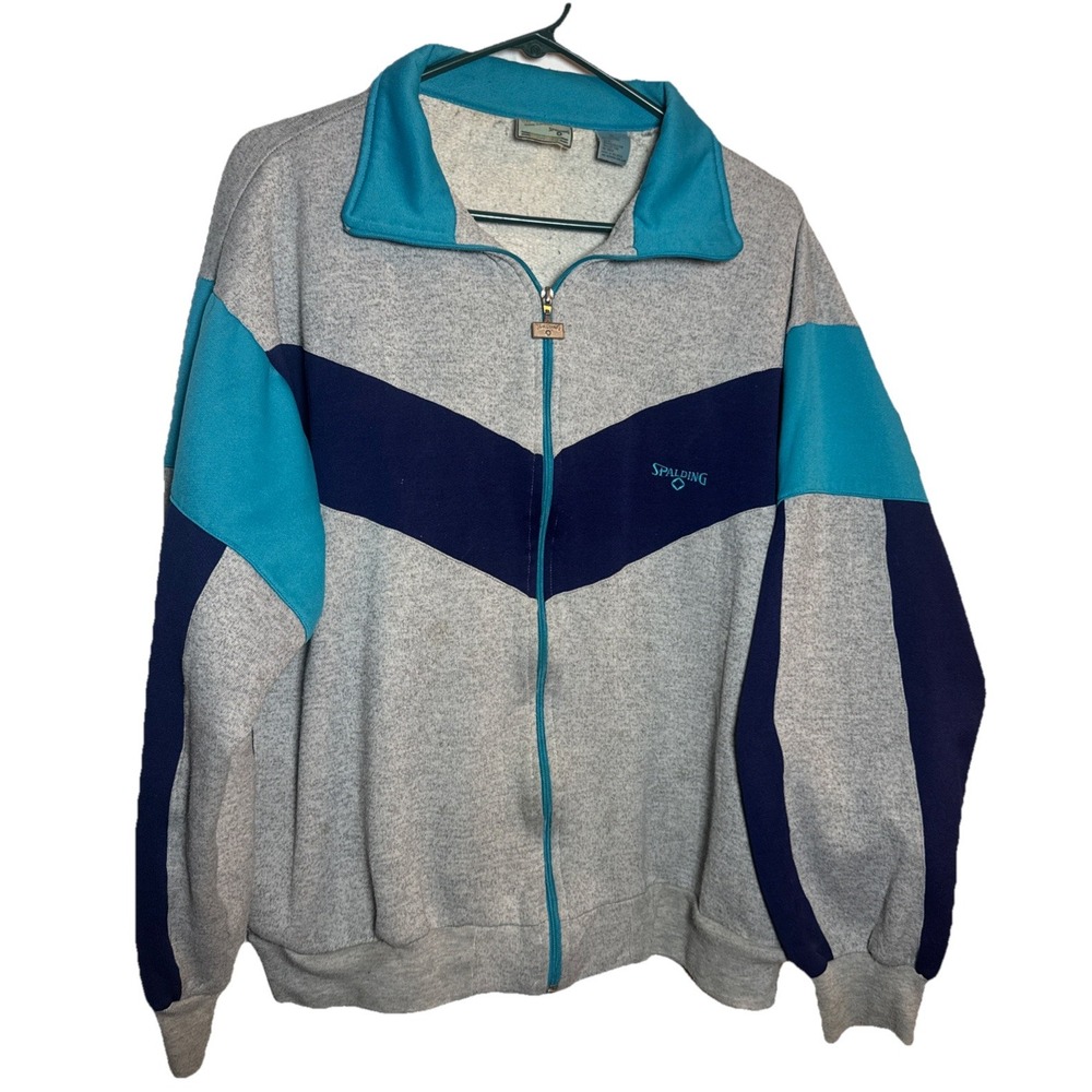 Vintage Spalding Track Jacket XL Gray Teal Navy Color Block Zip Up 80s 90s Sport